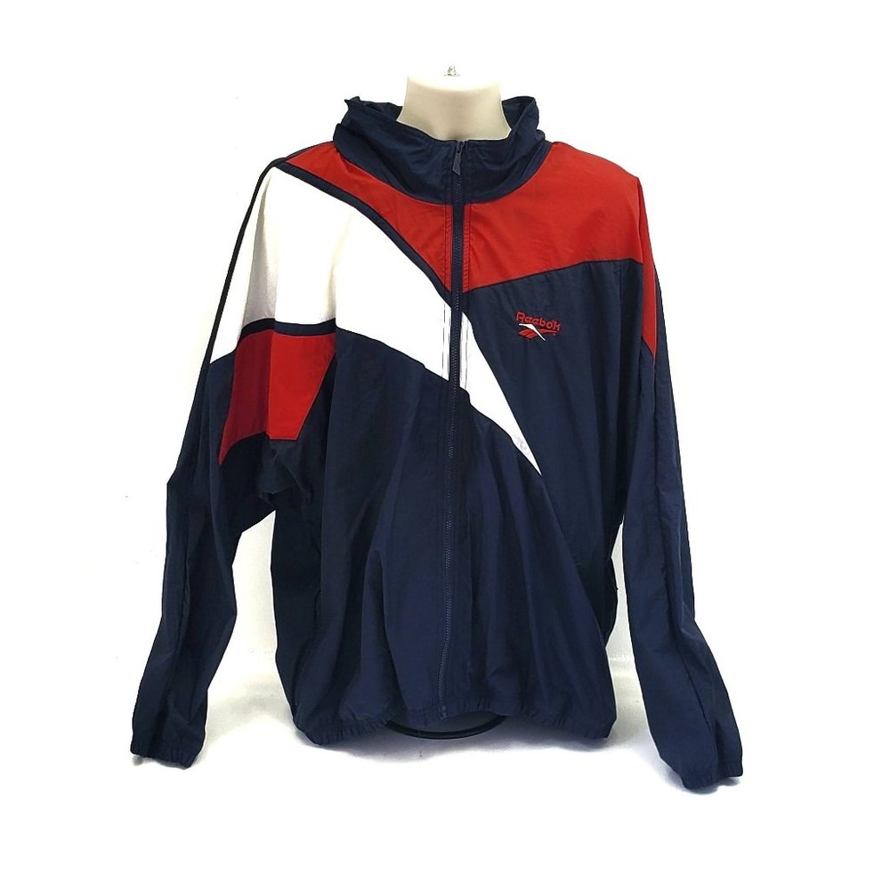 Vintage Reebok Sport Men's XL Track Jacket Shell Red White Blue Running Hooded